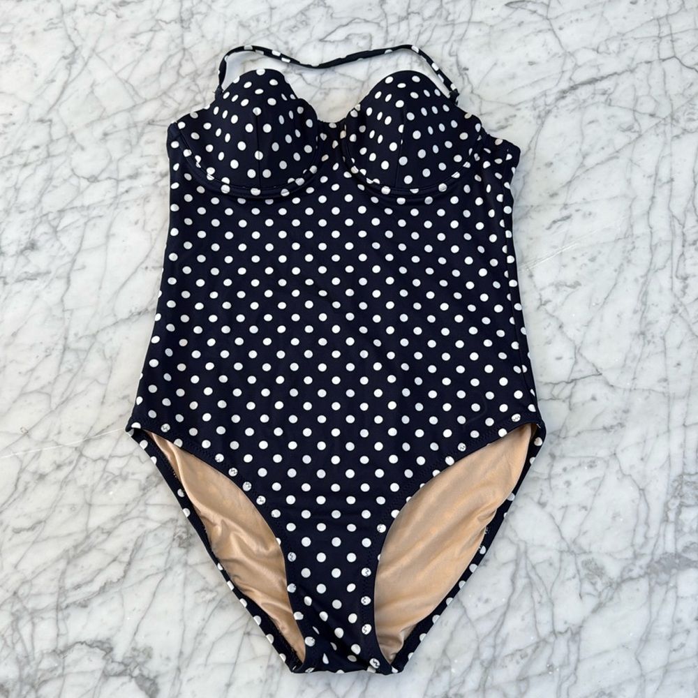 J. Crew Navy and White Polka Dot One-Piece Swimsuit